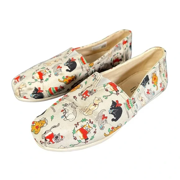 TOMS Christmas Cat Print Slip-On Canvas Flats - Picture 6 of 10